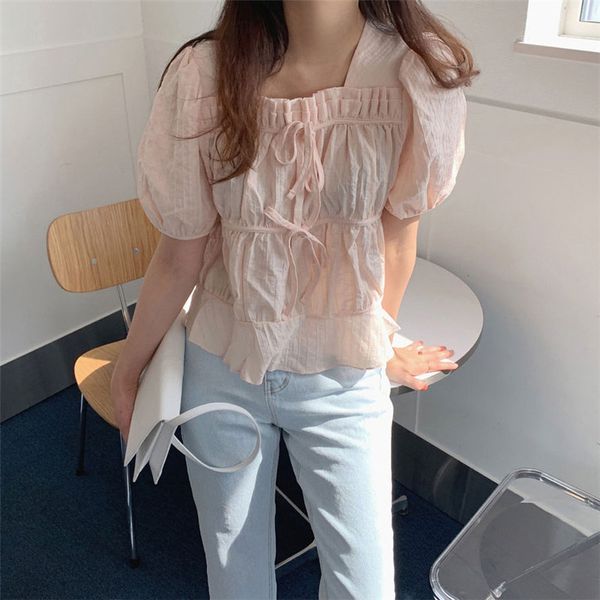 

alien kitty fashion solid brief sweet shirts chic all match 2020 ruffles loose feminine short sleeve summer elegance blouse, White