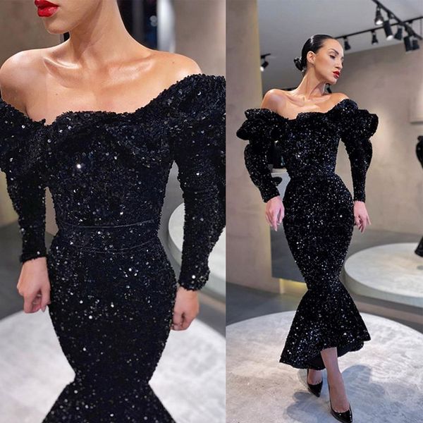

black sparkly mermaid prom dresses sequins long sleeve off shoulder evening dress ruffles tea length party gowns