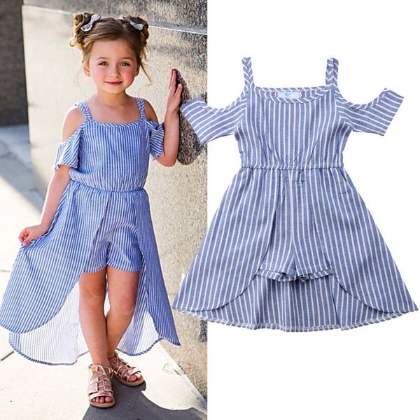

fashion casual toddler baby girls romper dress off shoulder blue striped ruffles romper dress 1-6y, Red;yellow
