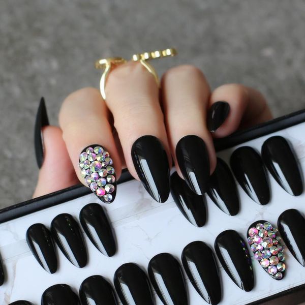 

uv wedding nails water droplets shiny glossy black false nails stiletto 28pcs full set full crystal diamonds handmade, Red;gold