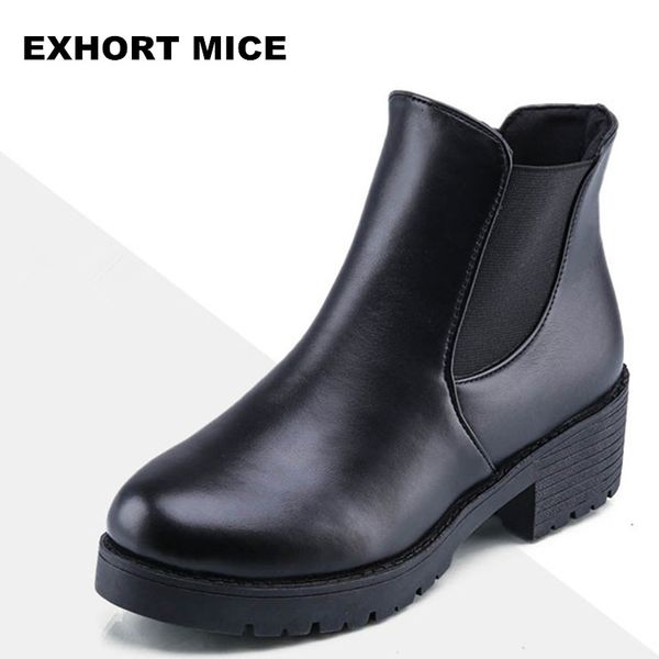 

2018 рекламных зима осень женщина boots платформы квадратного каблук ботильоны краска кожаные сапоги мотоцикл botas леди обувь y200115, Black