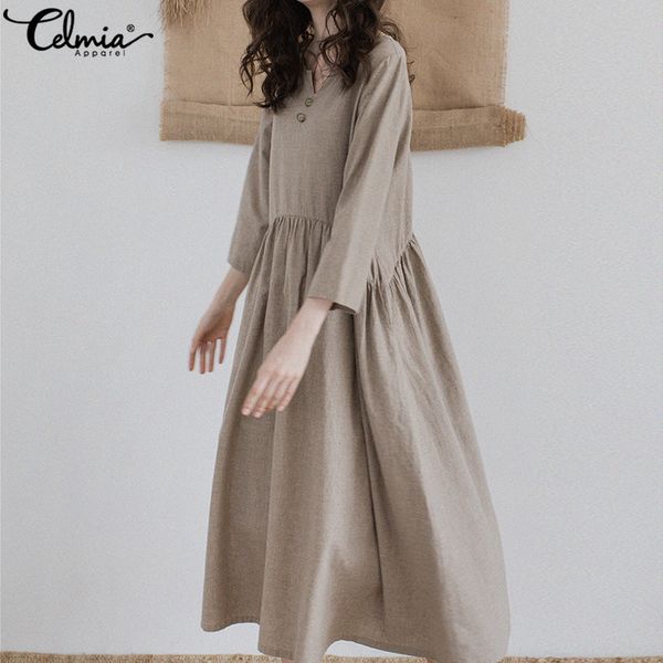 

celmia 2019 spring 3/4 sleeve women maxi dress casual loose retro long shirt dresses button down pleated vestidos robe mujer 5xl, Black;gray