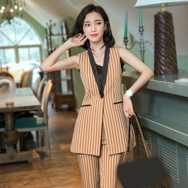 

2 шт набор элегантных женщин длинный жилет костюм плюс размер повседневный костюм blazer рукавов полосатой куртки офис леди blazer брюки 5xl, White;black