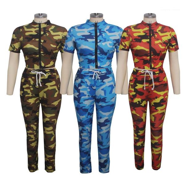 

neck two piece pants summer womens designer clothes womens clothing 2 piece set fashion camouflage printed zipper, White