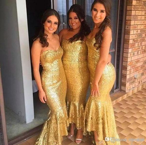 Sexy Erstaunliche Gold-Pailletten-Brautjungfernkleider, modisch, hoch niedrig, herzförmig, schulterfrei, Meerjungfrau, formelle Trauzeugin-Kleider, Kleider, Vestidos