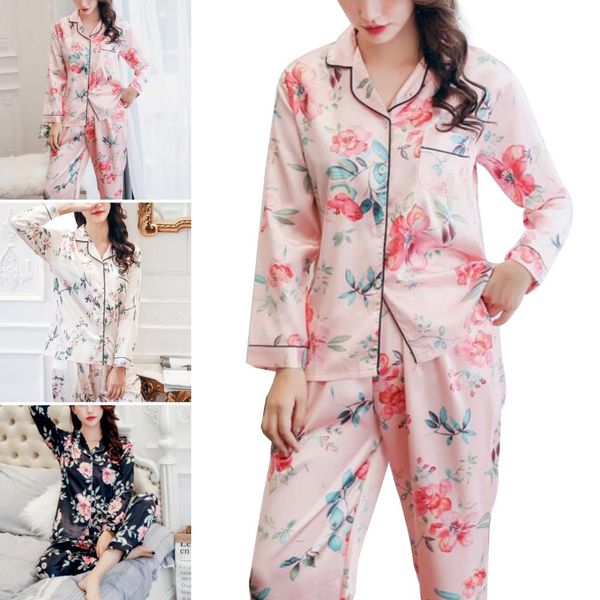 

2pcs women floral print long sleeve pants imitation silk nightwear pajama set xmas gifts christmas women sleepwear, Black;red