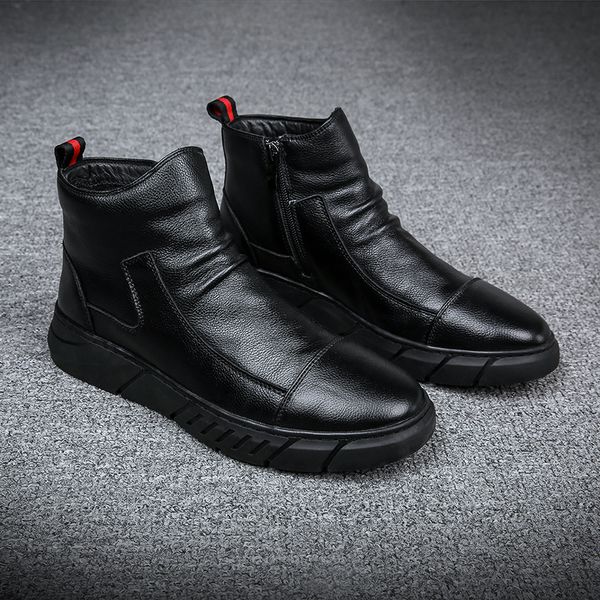 

new fashion male casual shoes winter men casual leather shoes plush warm sneakers zipper mid-boots street, Black