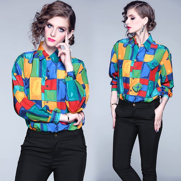 

new plus size 2020 runway vintage loose casul shirts womens ladies fashion color dopa print long sleeve button front lapel neck blouses, White