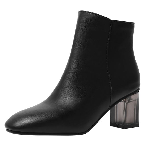 

square head high-heeled casual shoe large size ankle boots fashion women's winter warm snow shoes waterproof botas mujer, Black