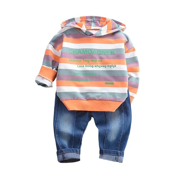 

autumn fashion set baby boys long sleeve stripe letters print hoodie sweatshirt +denim pants trouser costume set new arrival, White