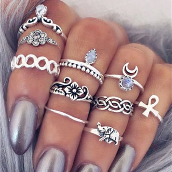 

wlp 4-11 pcs/set bohemian ring set vintage punk antique silver-color resin finger rings for women boho midi ring finger knuckle
