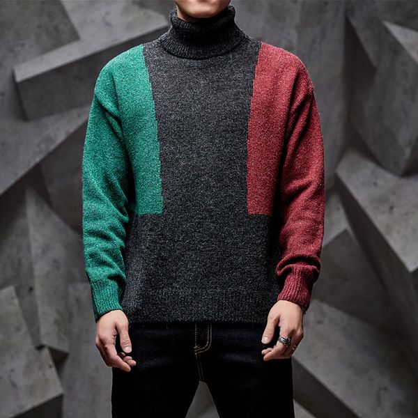 

autumn winter male sweaters hit color patchwork man's sweater turtleneck black blue gray -3xl long sleeve pullover, White;black