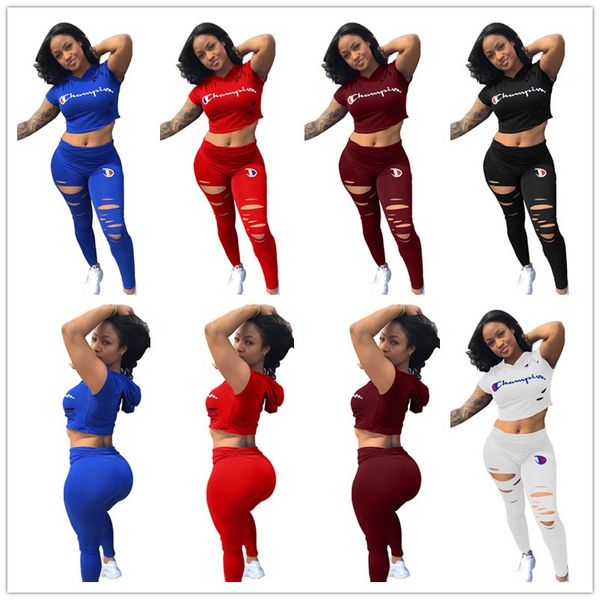 

Brand champion letter print women track uit rippled hole pant crop t hirt pant 2 piece et outfit ummer jogger uit ale b3042