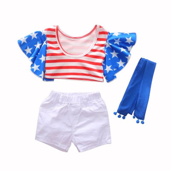 

girls navel stripe suit american flag independence national day usa 4th july star striped cotton ruffled casual shorts turban 3-piece, White