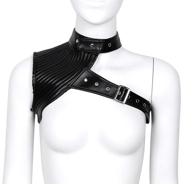 

catsuit costumes fashion women wet look faux leather halter neck one shoulder adjustable steampunk gothic body chest harness corset bustier, Black