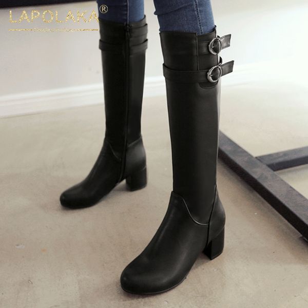

lapolaka brand new 2020 plus size 43 fashion shoes woman boots female zip up chunky heels riding boots woman shoes women, Black