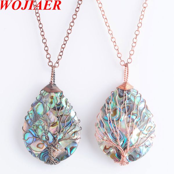 

wojiaer tree of life wire wrap water drop bead necklace&pendant natural abalone shell jewelry chain 18inches dbn814, Silver