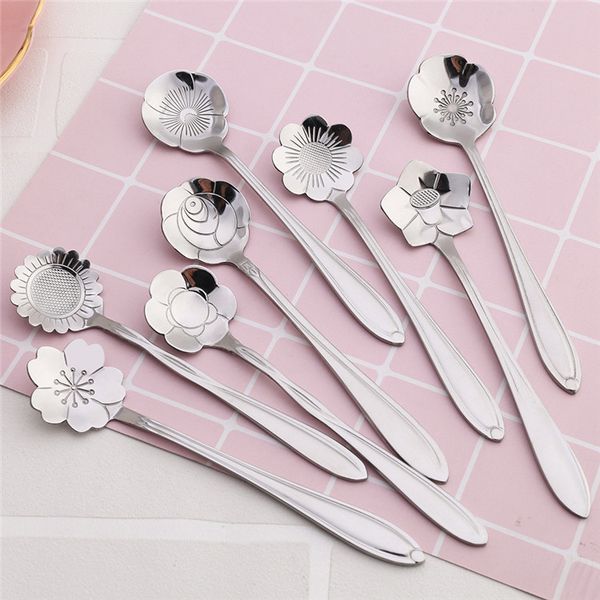

fancy flower spoon stainless steel silver spoon shiny polish metal coffee dessert spoon 7 designs available