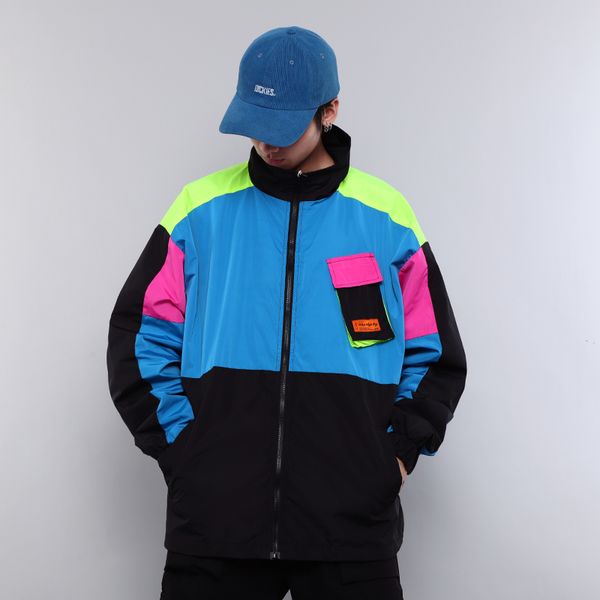 

oversized color block men track jacket sportswear windbreaker, Black;brown