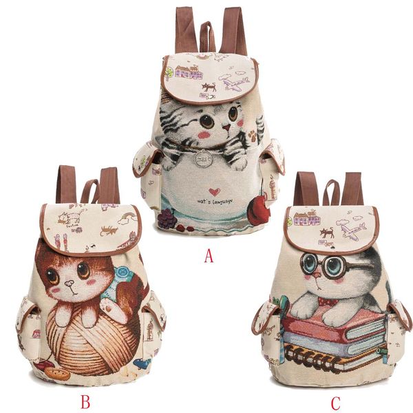 

cute cat printing women canvas drawstring backpack with belt shoulder strap large capacity shopping bag hasp bucket travel bag