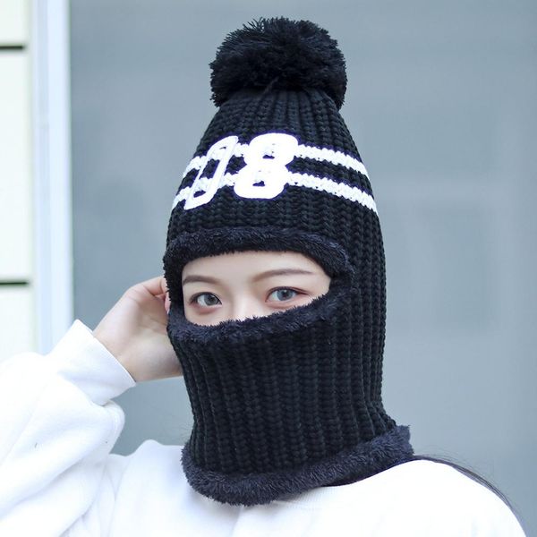 

pompom digital pattern neck wear earmuffs girls caps plus velvet beanies thick knit warm woman hat ladies outdoor ski gorro, Blue;gray