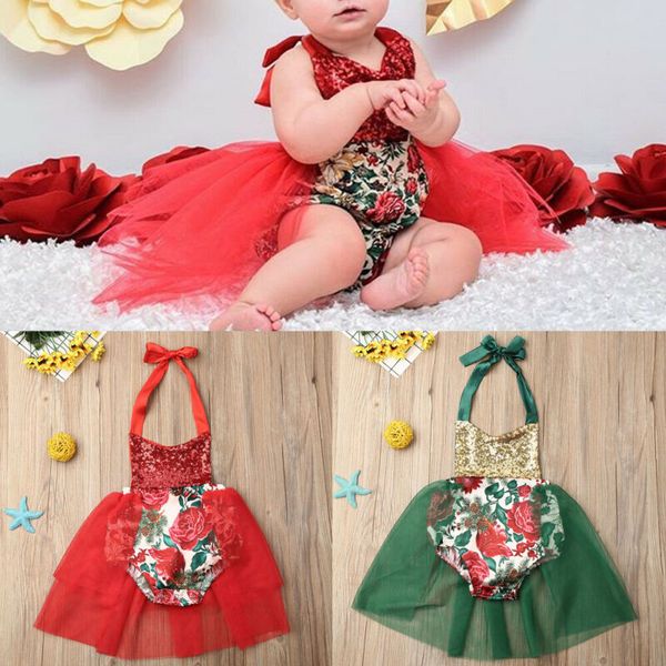 

2019 xmas baby dress sequins halter romper dress backless formal christmas party girl tutu kids girl children clothing, Red;yellow