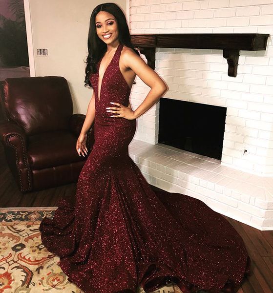 

2019 Sexy Open Back Sparkly Mermaid Prom Dress Long Simple Burgundy V-Neck Sequin Formal Party Evening Gowns Vestidos De Gala
