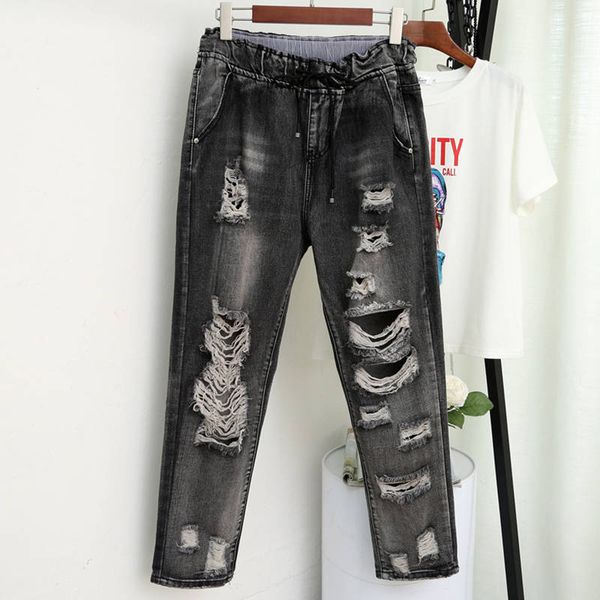 

plus size 5xl streetwear hole ripped jeans for women elastic high waist loose black jeans denim harem pants lady c5371, Blue