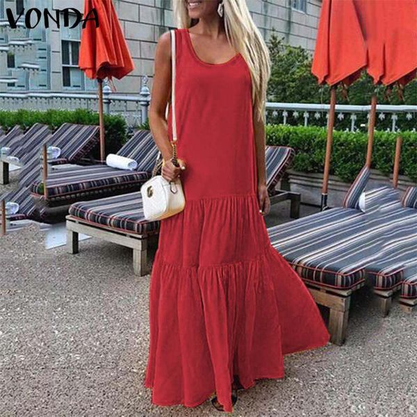 

vonda bohemian women dress 2019 summer v neck sleeveless big swing long party dresses plus size casual holiday vestidos, Black;gray