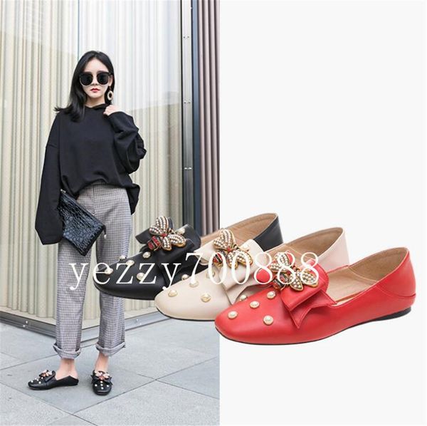 

2019 european and american bee designer ladies shoes fashion bow pearl flat shoes genuine leather shallow mouth women's shoes fdzhlzj, Black