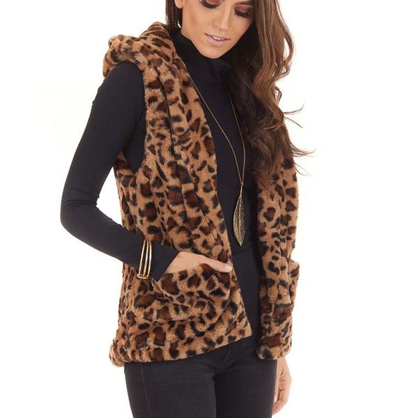 

women faux fur fleece vests winter waistcoat casual hooded sleeveless leopard print pockets warm vest ladies solid jacket, Black;white