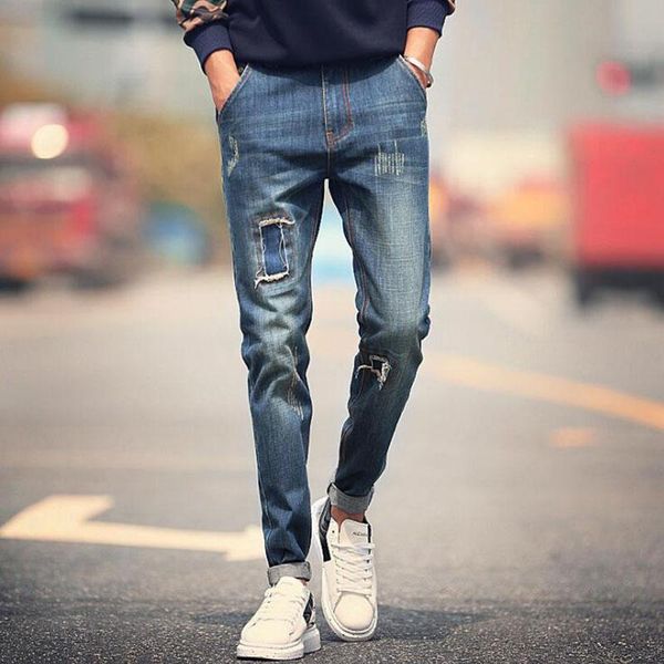 

рваные узкие джинсы для мужчин летняя мода стрейч плюс размер мужчины отверстие джинсы 2017 новые повседневные мужские длинные брюки бесплат, Blue