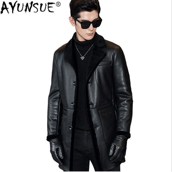 

ayunsue genuine leather jacket men long windbreaker sheepskin coat men's leather jacket real wool liner erkek deri mont kj1512, Black