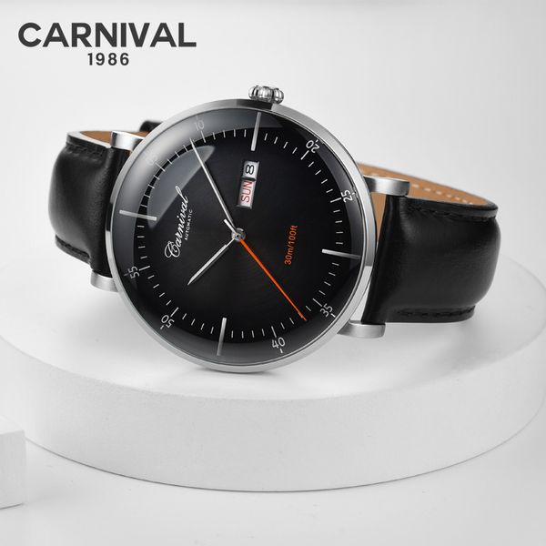 

fashion ultra thin royal watch automatic carnival high end mechanical watch men calendar week leather band sapphire waterproof, Slivery;brown