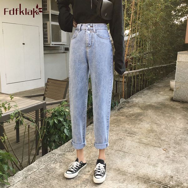 

fdfklak autumn new korean elastic high waist straight pants loose chic light blue student pant denim trousers female jeans pant
