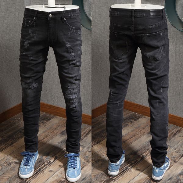 

man worn-out patch black jeans damage stretch slim fit denim trousers, Blue