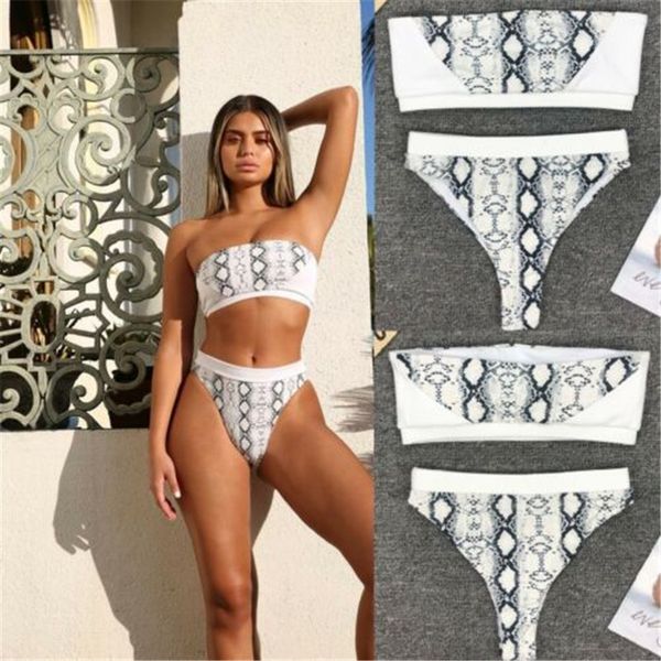 

bikinis 2019 new snake skin printed bikini set bandeau strappy swimwear women bottom and swimming high waist swimsuits, White;black
