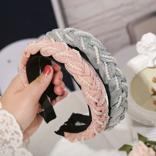 

mesh headband wide side twist pearl 3.2cm sports hair band latest hair style mesh headband ihybe, Black;brown