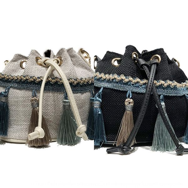

2020 national style bucket national shoulder personalized tassel linen shoulder bag belt mini chain messenger bag