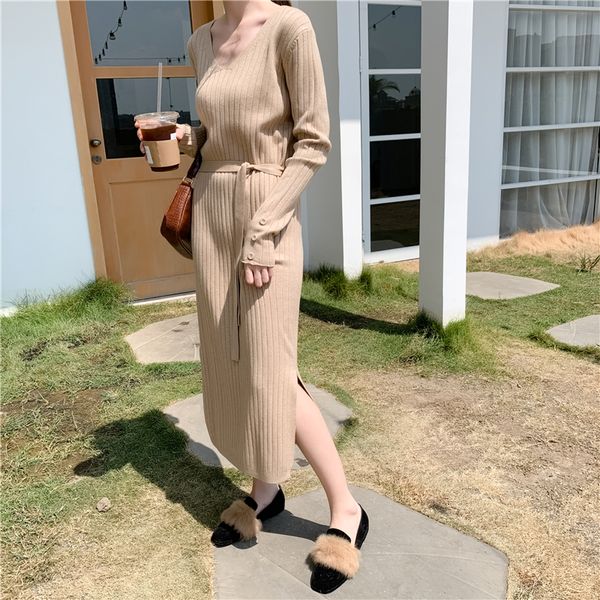 

solid knitted long sleeve casual v-neck high waist split knit dresses women fashion autumn winter loose knitting dresses, Black;gray