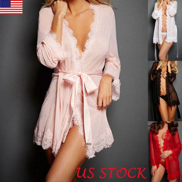 

2019 3pcs lingerie women silk g-string lace belt robe dress babydoll nightdress sleepwear kimono, Red;black
