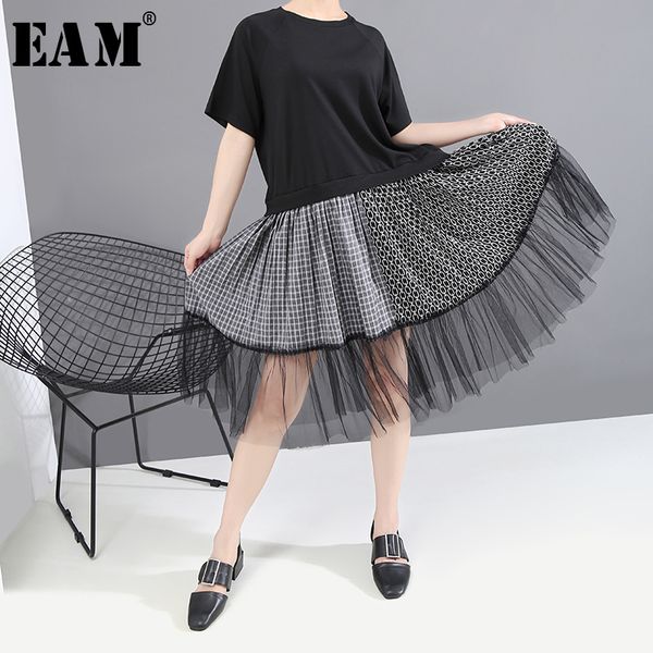 

eam] women black mesh split joint temperament dress new round neck short sleeve loose fit fashion tide spring summer 2020 1t650, Black;gray