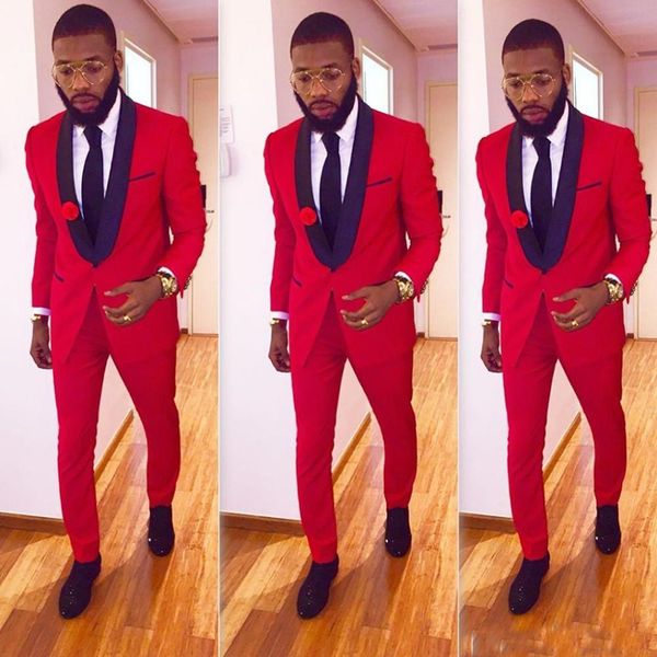 

High One Button Red Groom Tuxedos Groomsmen Shawl Lapel Best Man Blazer Mens Wedding Suits (Jacket+Pants)