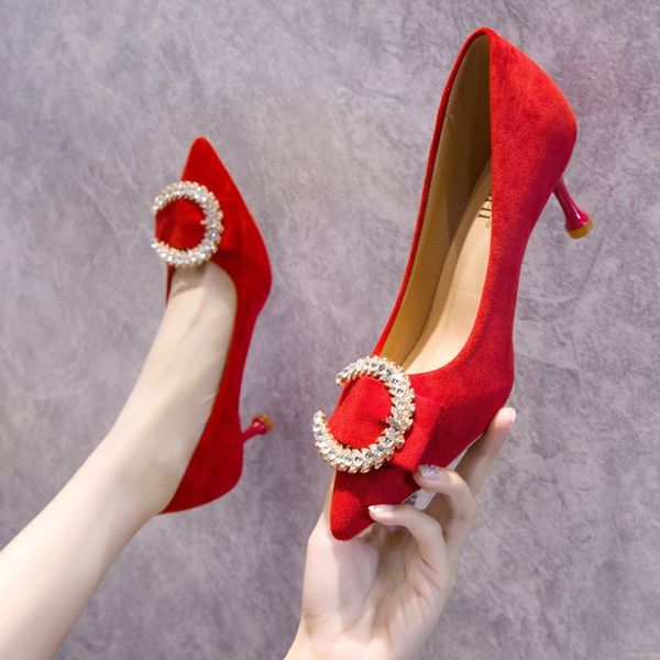 

dress shoes candy color fashion flock high heels women pumps 2021 pointed toe office stiletto rhinestone, Black
