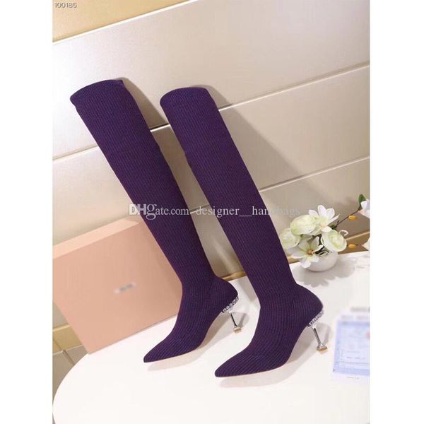 

designer women sock booties oven the knee knitting diamonds bottom high 5.5cm fabric, Black