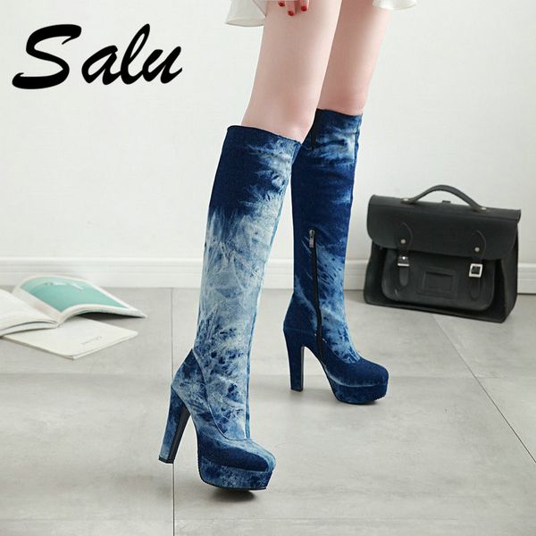 

salu denim women knee boots thin high heels boots round toe platform female shoes winter warm footwear big size 42 43 44, Black