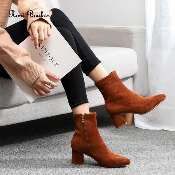 

roni bouker women's suede ankle boots women soft middle heel booties fall 2019 woman shoes brown shoe dropshipping, Black