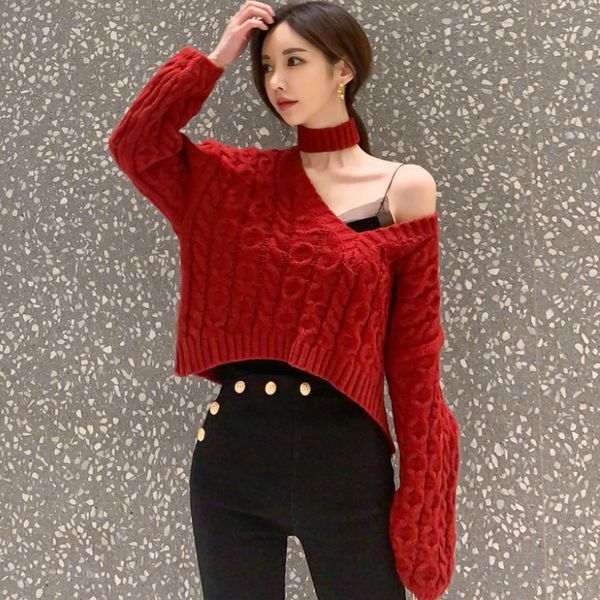 

winter women v-neck halter knitting cloth short long sleeved casual red sweater top, White;black
