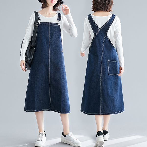 

autumn spring denim spaghetti strap dress women sleeveless sundress long plus size dresses for womens korean street robe femme, Black;gray