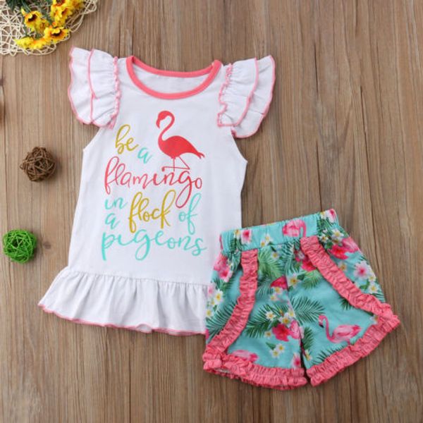 

новый ребенок малыш девочка мальчик одежда набор фламинго рябить рукав футболка топ + цветочные шорты брюки девушка sunsuit set, White